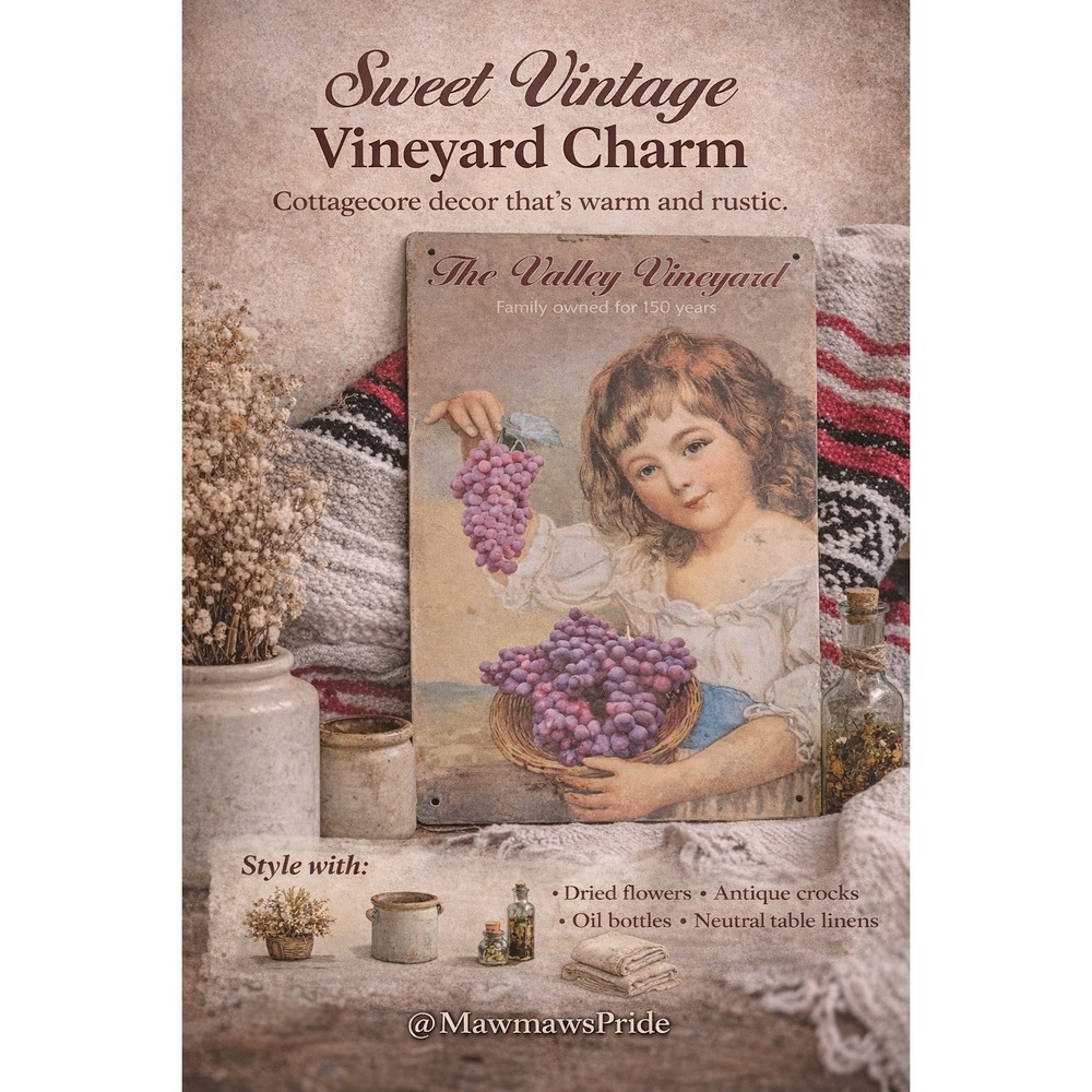 Ohio Wholesale The Valley‎ Vineyard Metal Tin Sign Grapes Girl Wall DECOR Y2K